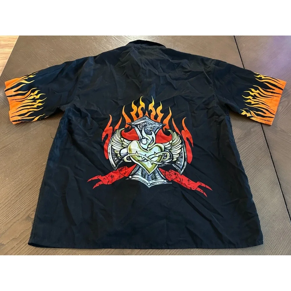 Vintage Y2K City Impact‎ Bowling Button Up Short Sleeve Shirt Flames Size XL